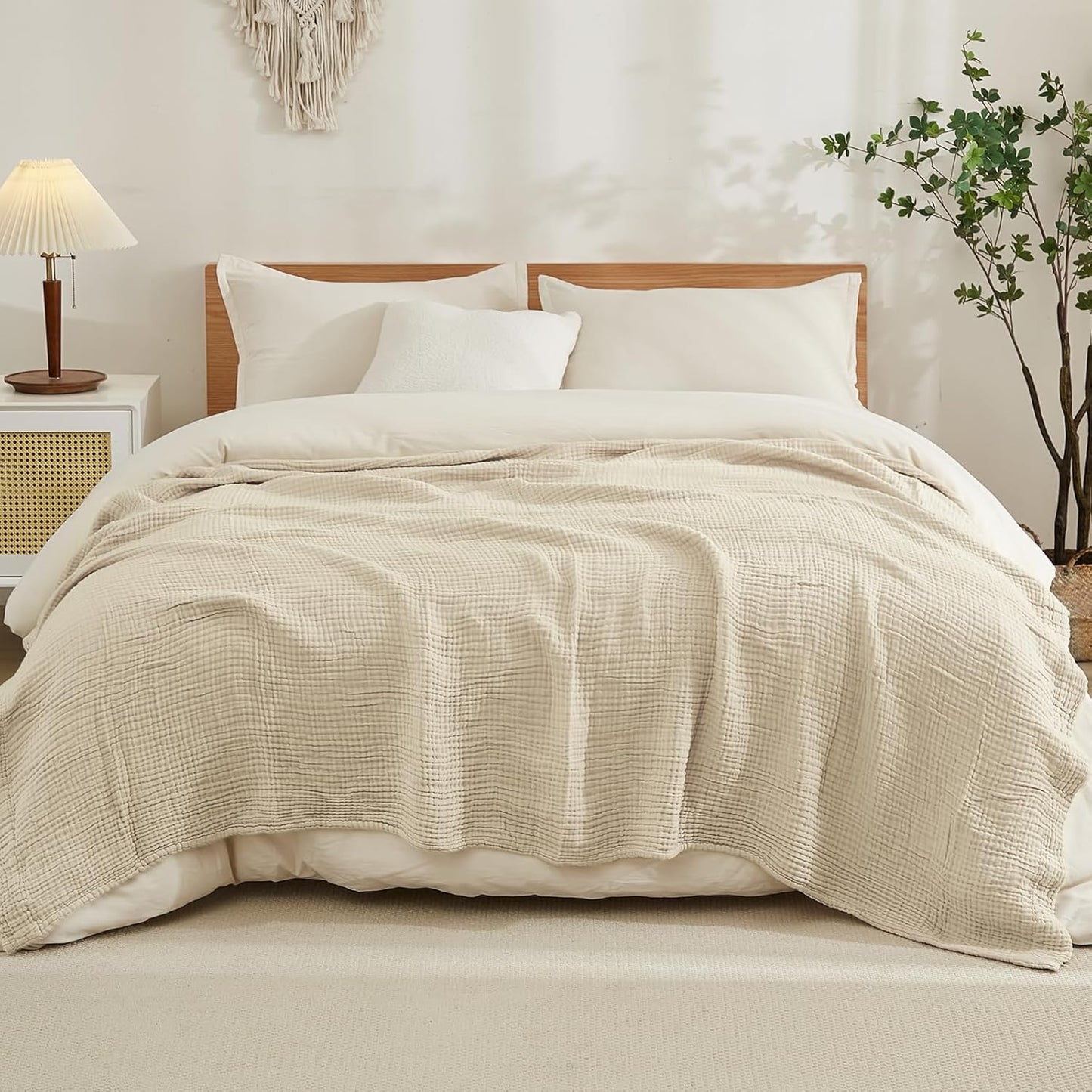 EMME Cotton Blanket King Size for Bed Soft Muslin Blankets 108"x90" Lightweight Breathable Layering Bedspread Coverlet All Season Gauze Blanket, Light Tan