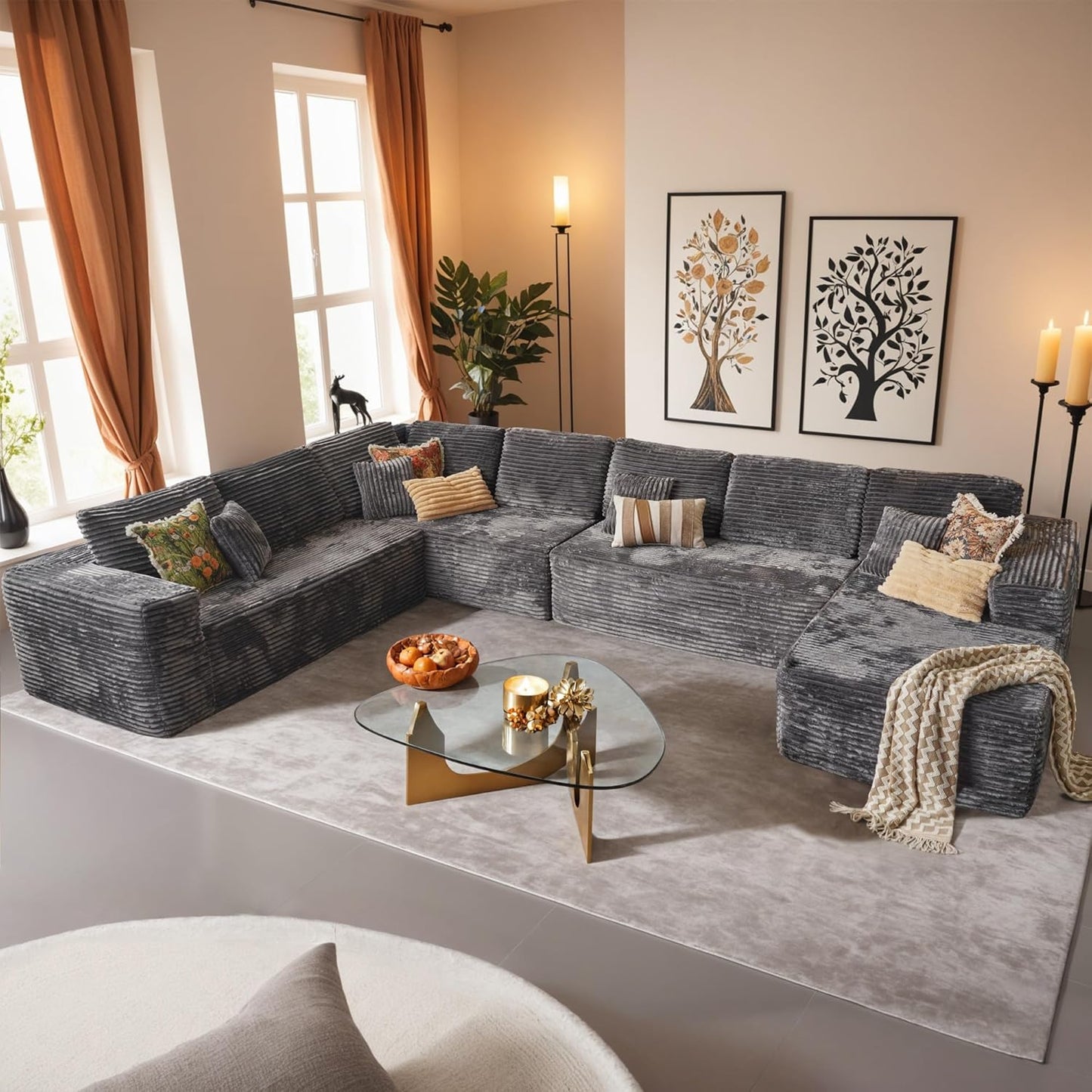 HOOOWOOO Cloud Sectional Couches for Living Room,Modular Sectional Sofa No Assembly,165X110 Inch Plush Corduroy Large U Shaped Floor Couch Set with Deep Seat Chaise Lounge(Gray)