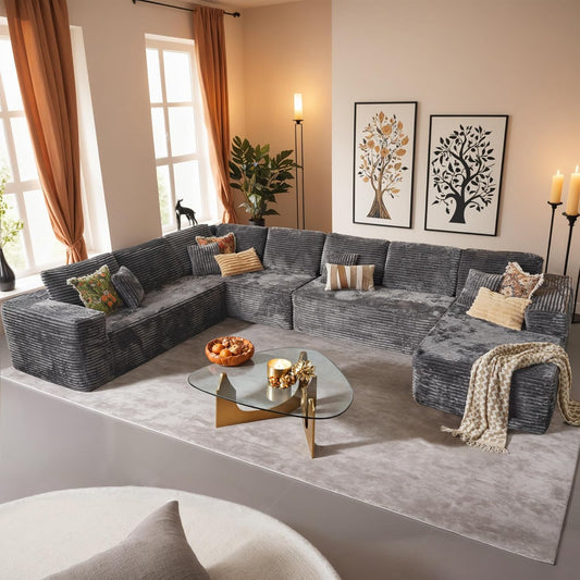 HOOOWOOO Cloud Sectional Couches for Living Room,Modular Sectional Sofa No Assembly,165X110 Inch Plush Corduroy Large U Shaped Floor Couch Set with Deep Seat Chaise Lounge(Gray)
