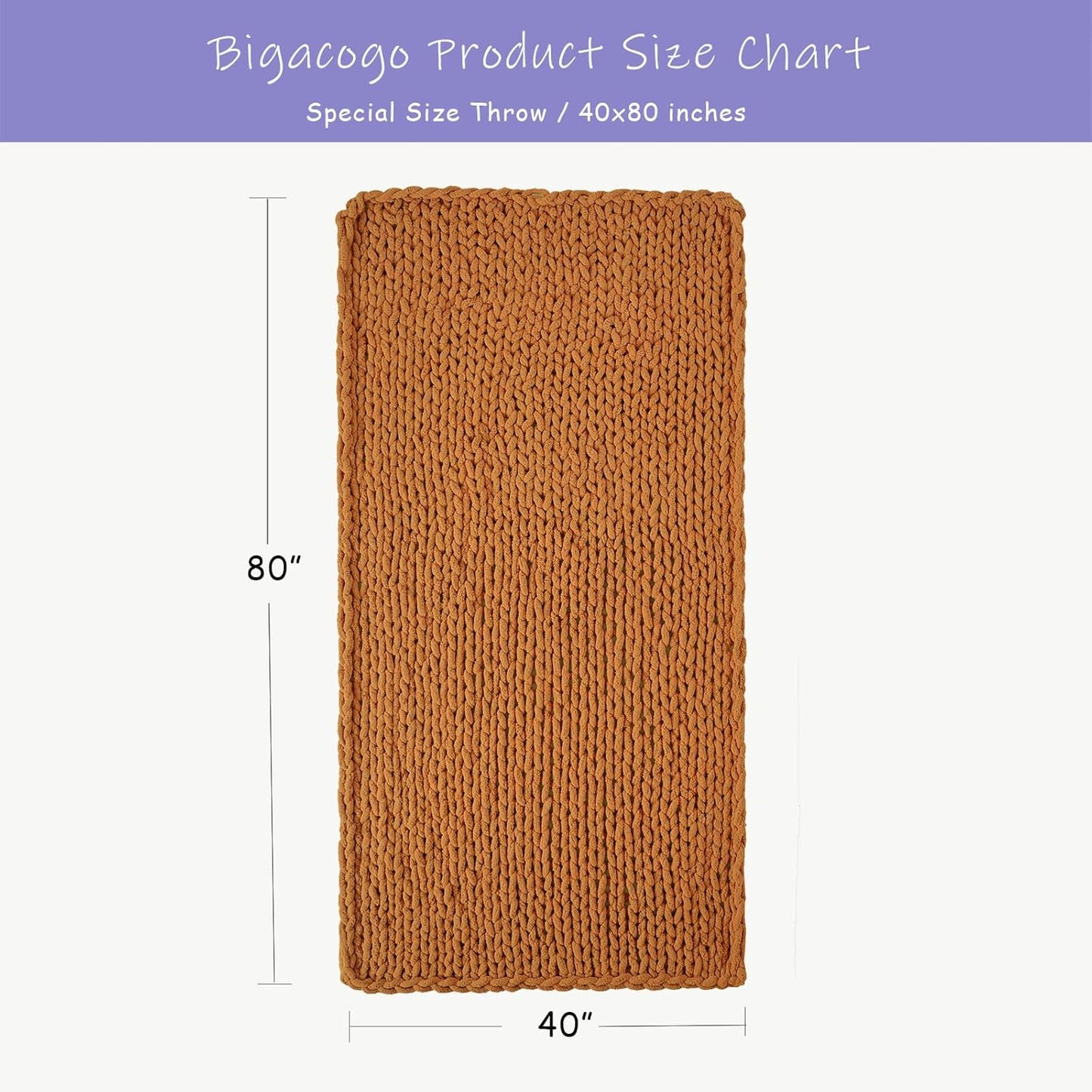 Bigacogo Chunky Knit Throw Blanket for Couch, 40x80 inches, 100% Hand Knitted with Thick Jumbo Chenille Yarn, Cozy Soft Large Rope Knot Cable Crochet Blankets for Sofa Bed Living Room, Burnt Orange