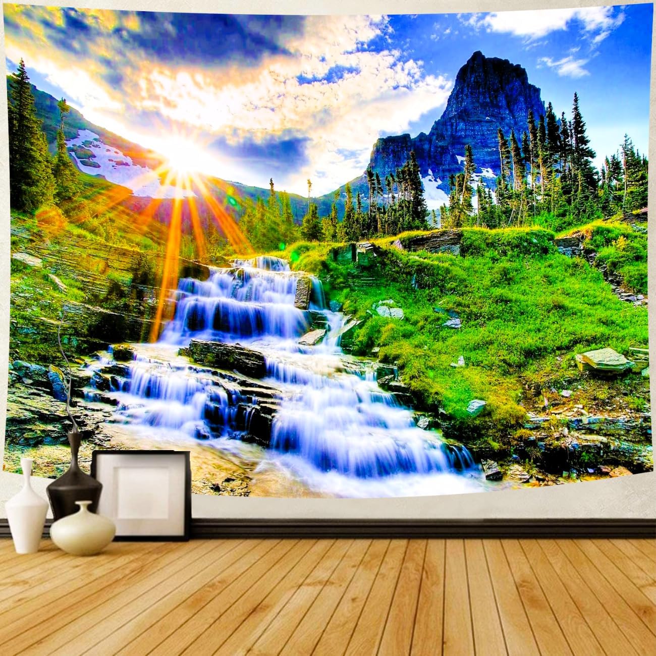 Delur Mountain Waterfall Tapestry Sunset Forest Tree Nature Landscape Tapestry Wall Hanging Tropical Sunrise Rainforest Psychedelic Scenic Headboard for Bedroom Living Room Home Decor (59.1" x 78.7")