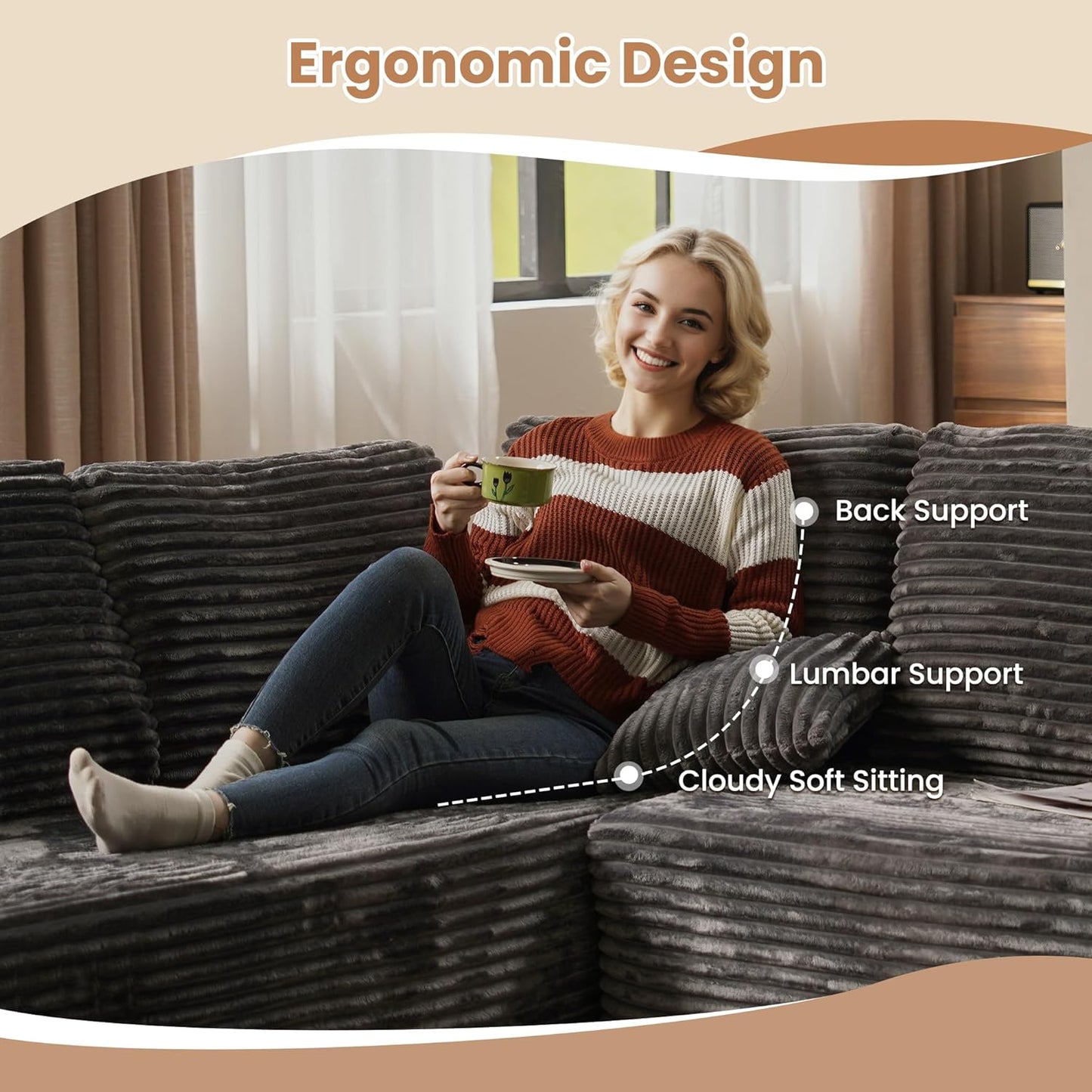 HOOOWOOO Cloud Sectional Couches for Living Room,Modular Sectional Sofa No Assembly,133X108 Inch Plush Corduroy Large U Shaped Floor Couch Set with Deep Seat Left Chaise(Gray)