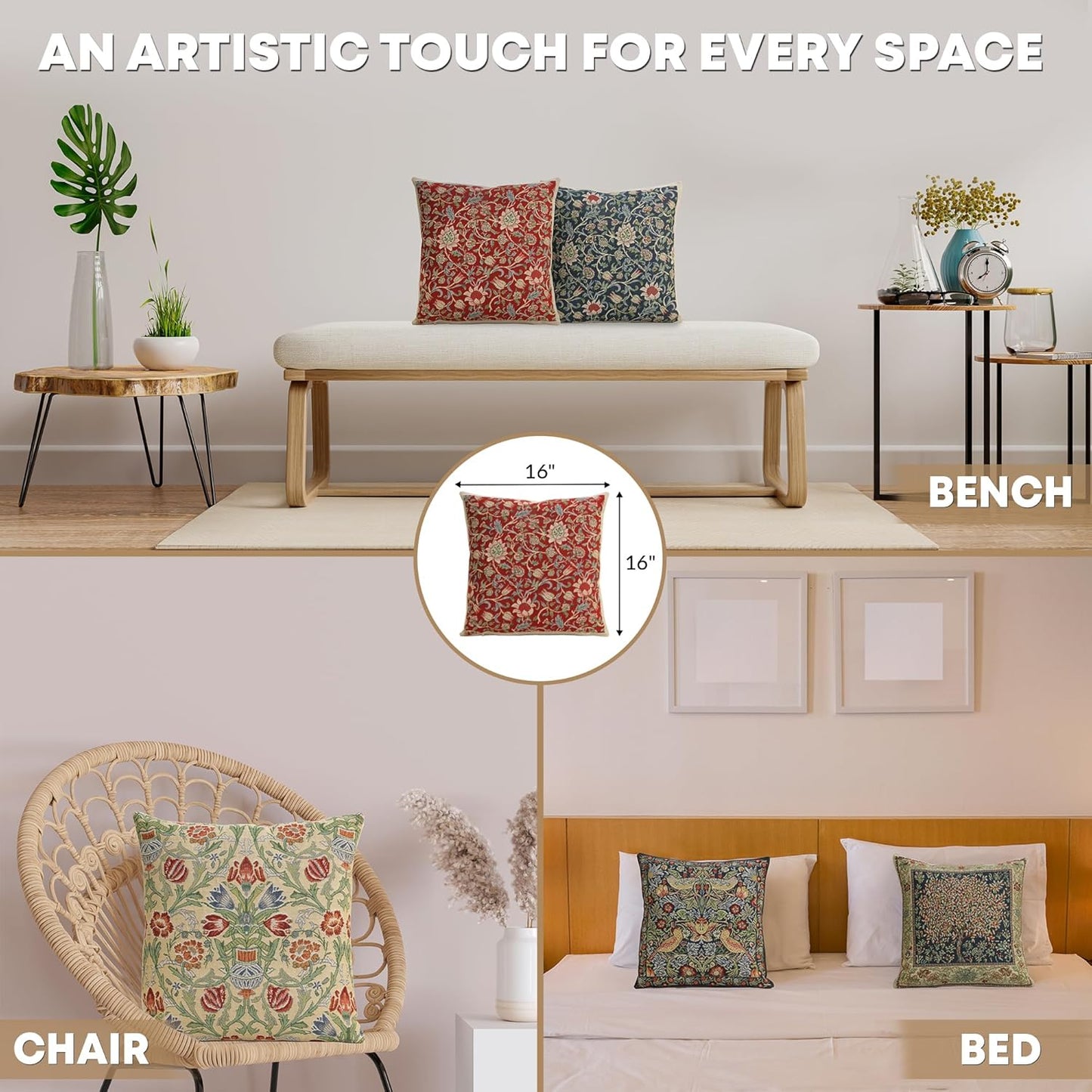 Charlotte Home Furnishings Throw Pillow Covers 16x16 in, Red Flowers Decorative Couch Pillow Cover, Boho Decor European Tapestry Cushion Cases, Living Room Cozy Home Decor, Jacquard Woven Soft Cotton
