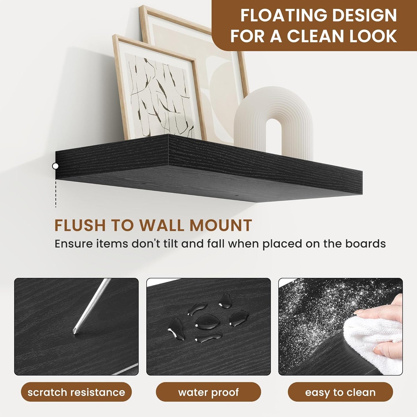 fuqing Floating Shelves for Wall, Bathroom Shelf Wall Mounted for Storage, Shelves with Invisible Bracket for Bedroom, Kitchen, Living Room, Farmhouse Small Book Shelf, 16 Inch Set of 2, Black