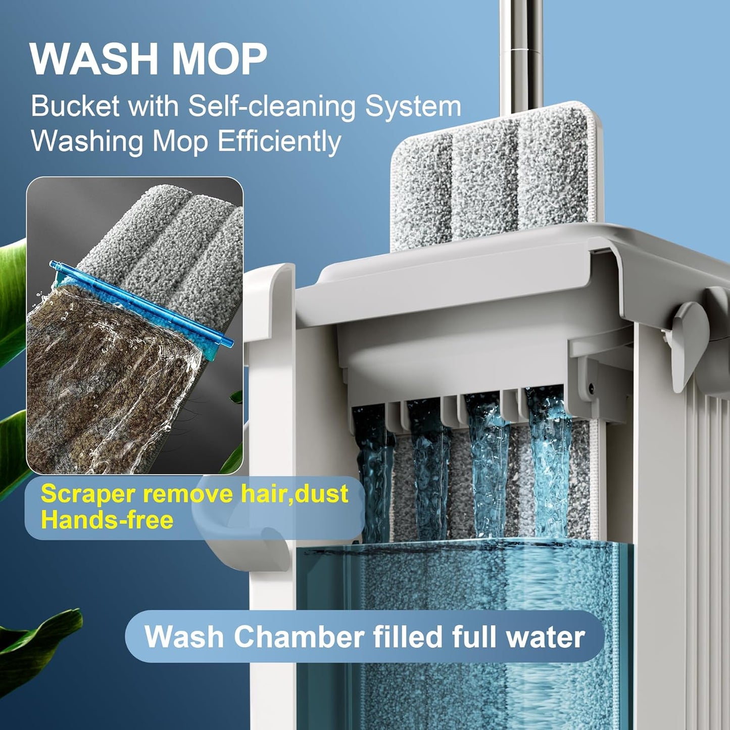 JOYMOOP Mop and Bucket with Wringer Set for Floor Cleaning and Wall Cleaner, Flat Mop and Bucket System Set with 2 Mops and 8 Large Microfiber Pads - White