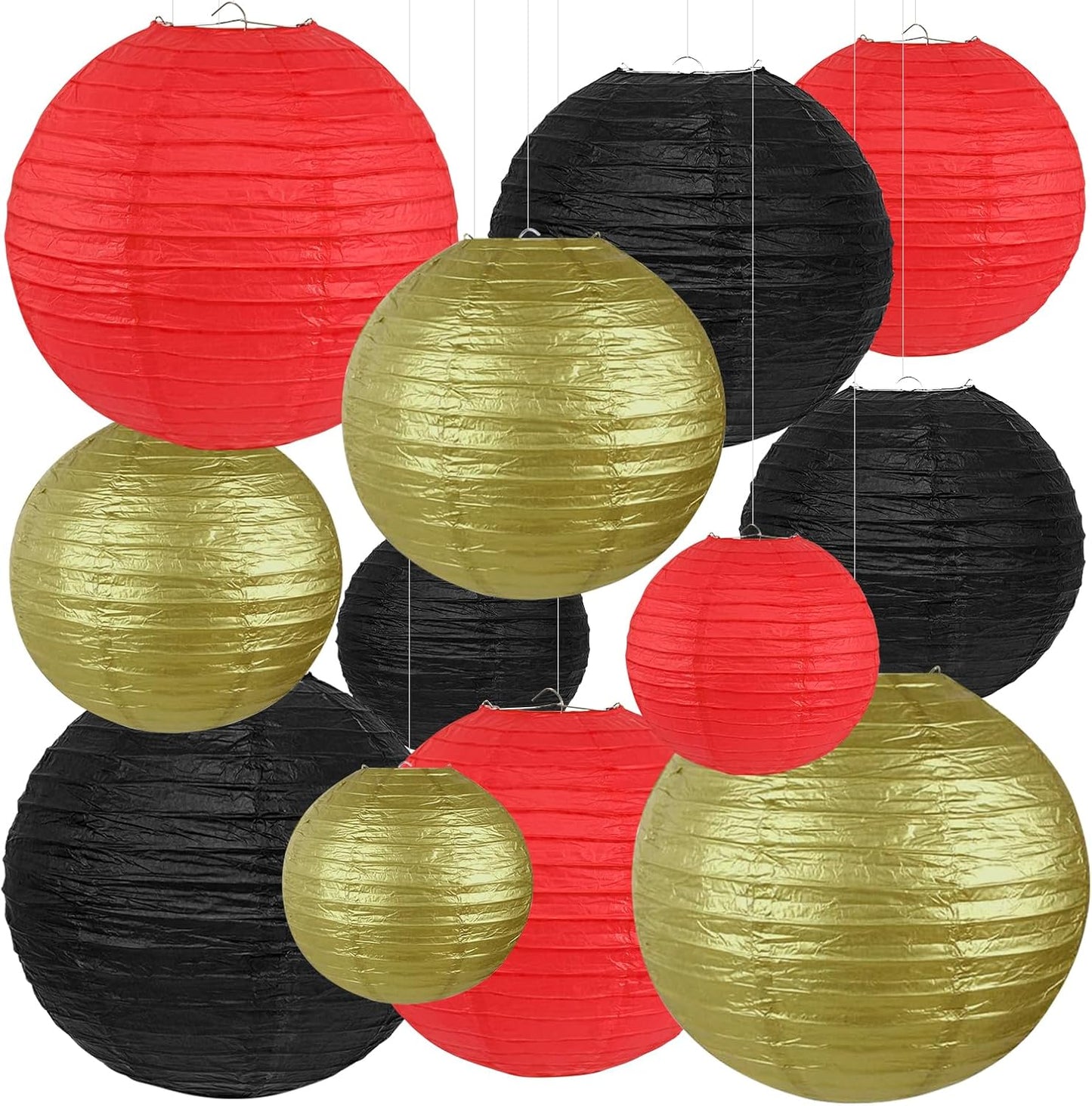 12Pcs Round Paper Lanterns Assorted Sizes (6" 8" 10" 12") for Home Decor, Wedding, Birthday, Hibachi Party, Casino Theme Party Decorations, Hanging Chinese Japanese Paper Lamps (Black Red Gold)