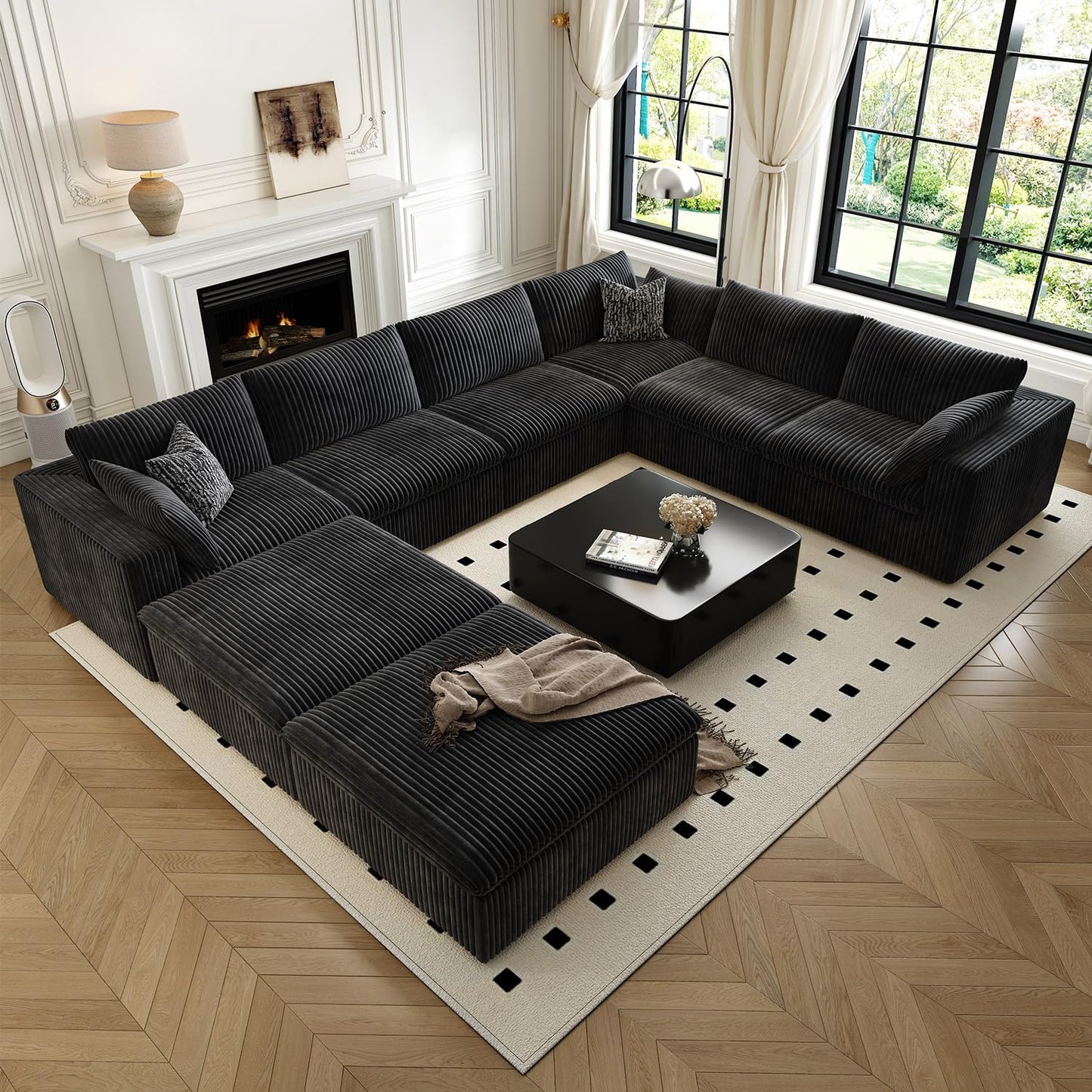 157.5" Cloud Couch Oversized Modular Sectional Sofa for Living Room,Modern Sofa with Deep Seat，8 Seater Boneless Couch with 2 Ottoman,Comfy Upholstered Couches for Apartment, Studio, Office,Black