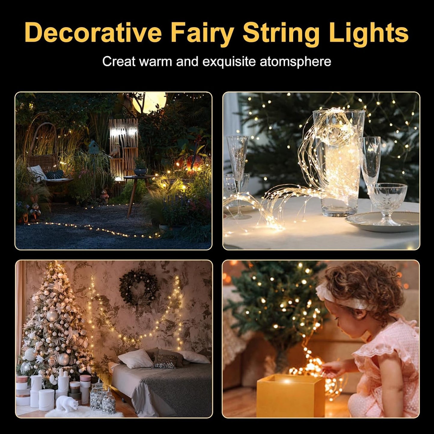 Fairy Lights Battery Operated String Lights 16.4ft 50LED Flashing and Constant Light Waterproof Silver Wire for Christmas DIY Party Bedroom Wedding (Warm White, 4 Pack)