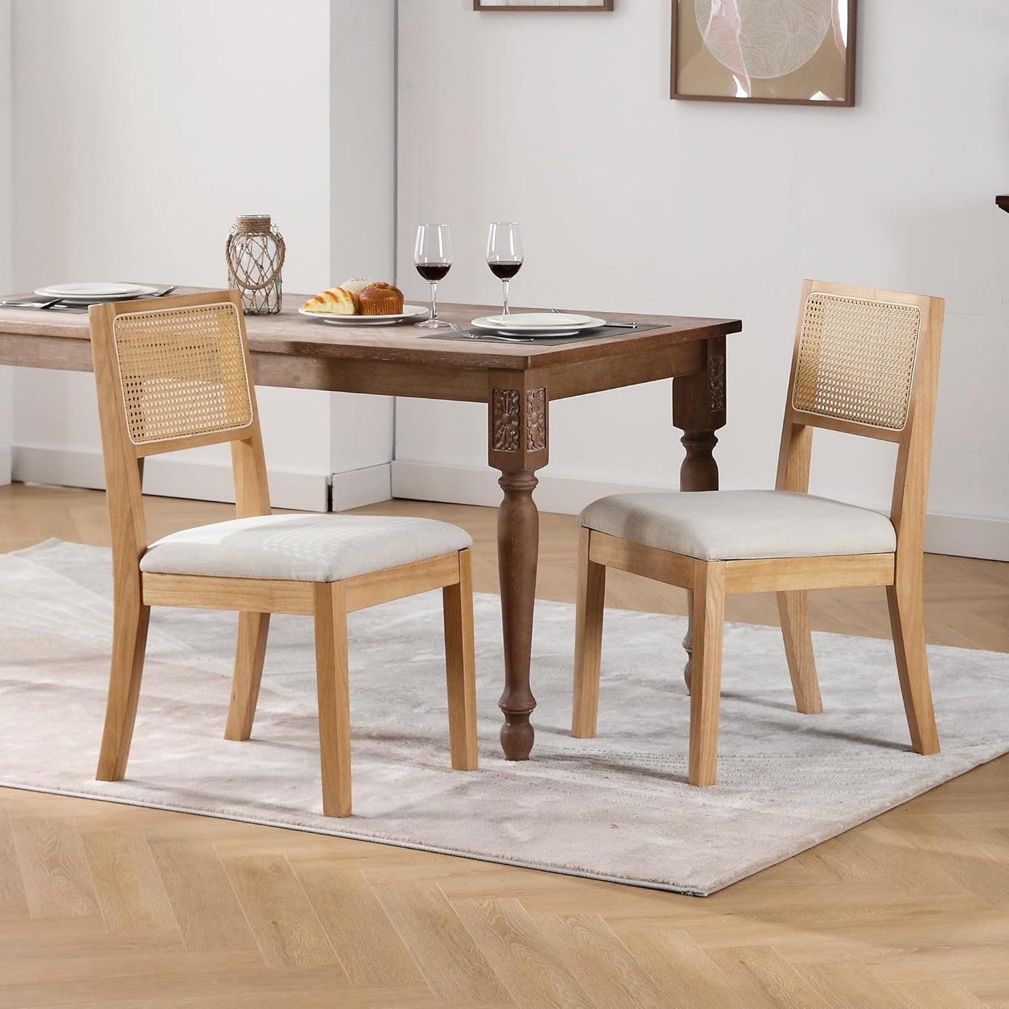 Westice Rattan Dining Chairs Set of 2, Farmhouse Natural Dining Room Chairs with Upholstered Cushion, Wood Armless Chairs for Kitchen/Restaurant