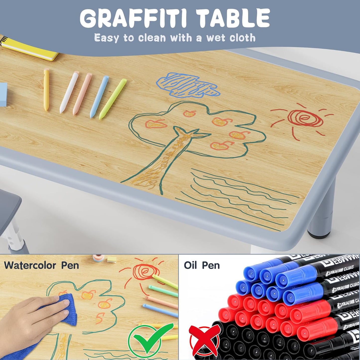 Brelley Kids Table and 6 Chairs Set, Height Adjustable Toddler Desk and Chair Set, Graffiti Desktop, Classroom/Daycare/Home, Children Multi-Activity Table for Ages 2-8