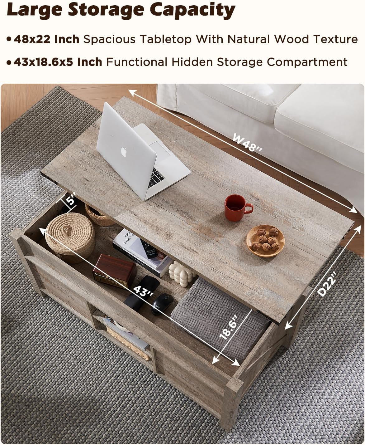 OKD 48" Farmhouse Lift Top Coffee Table with Sliding Barn Door, Rustic Center Table w/Hidden Storage Compartment, Lift Tabletop Dining Table w/Adjustable Shelf for Living Room,Light Rustic Oak