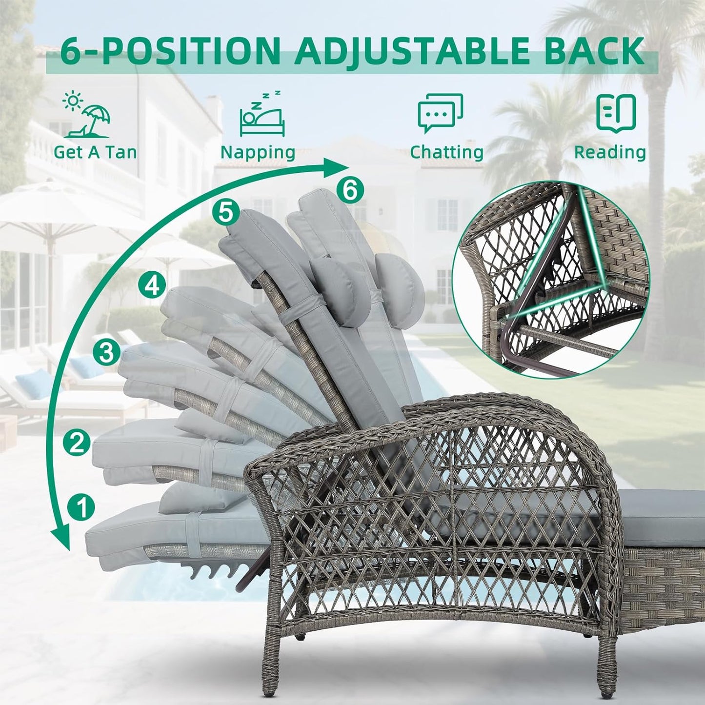 VIVIJASON Outdoor Wicker Chaise Lounge Chair, All-Weather PE Rattan Cushioned Patio Lounger Set with Side Table, 6-Position Adjustable Outside Pool Sunbathing Recliner with Armrest & Pillow, Gray