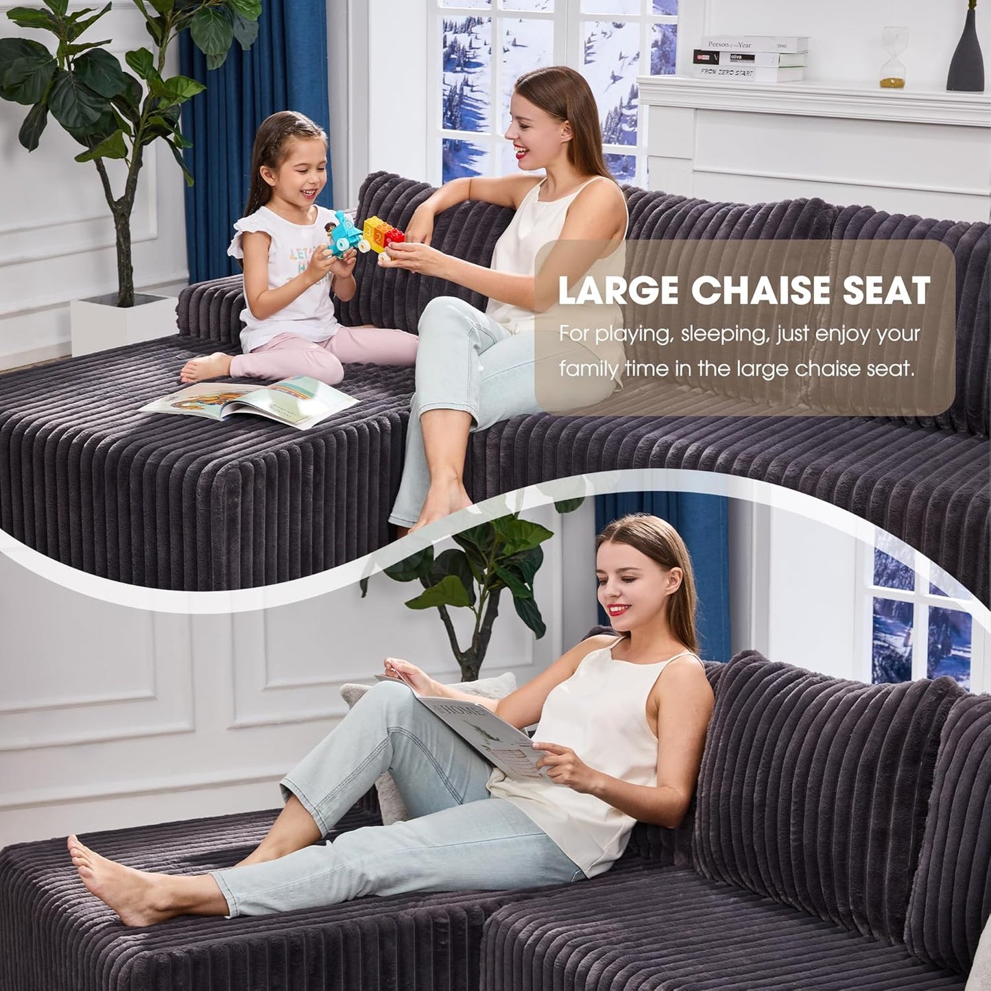 Hobestluk 96“ Modular Sectional Sofa Couches L-Shape Couch 3 Seat Modular Sofa Memory Foam Sectional Couches for Living Room, Cloud Couch with Oversized Chaise (Grey, Stripe (Left Facing Chaise))