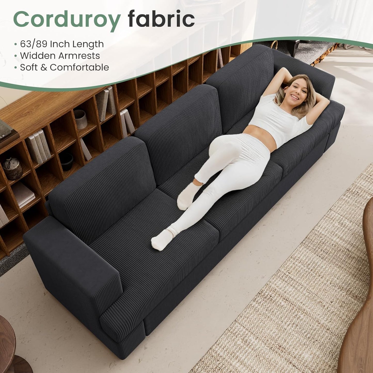 63” Corduroy Loveseat Sofa Couch for Living Room, Small Couch with Deep Seat for Bedroom, Comfy Could Loveseat for Small Living Room, Black Corduroy