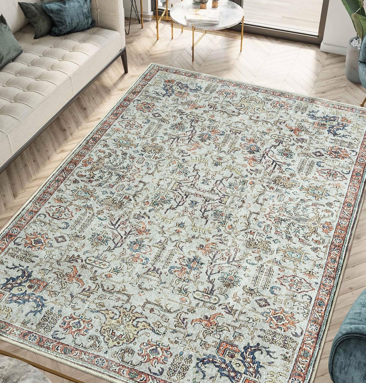 Keen Home Design 8x10 Rug - Machine Washable Area Rug with Non-Slip Backing, Ideal for Living Room, Dining Room, Bedroom - Vintage, Easy Clean, Durable, Low Pile Rug - (8' x 10')