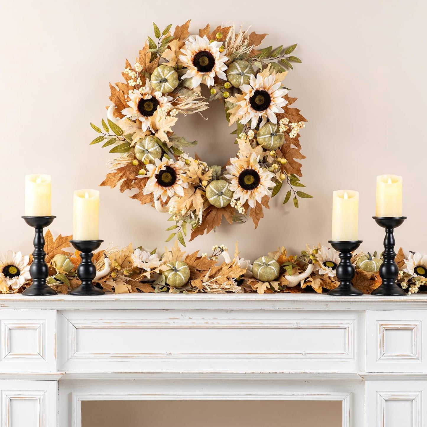 Glitzhome 24''D Artificial Fall Wreath for Front Door, Autumn Wreath with Sunflower, Pumpkin and Leaf, Metal Hanger for Farmhouse Indoor Outdoor Window Wall Door Decor