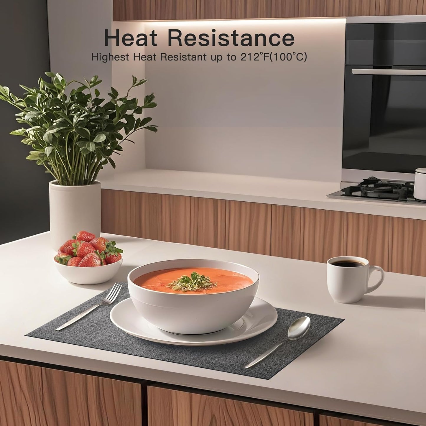 DOLOPL Placemats Set of 12, Reversible Wipeable & Heat Resistant Place Mats, Modern Faux Leather Table Mats for Kitchen, Neutral Waterproof Tablemats for Dining Table Decor, Wedding, Party(Charcoal)