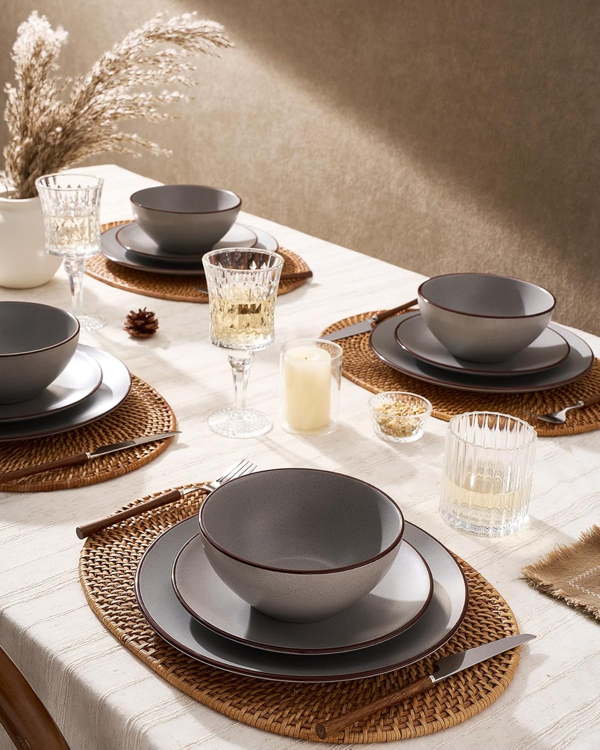 Famiware Venus Ceramic Plates and Bowls Sets, Speckled Dinnerware Dish Sets for 8 (24 Pieces) - Microwave and Dishwasher Safe, Matte Dark Grey
