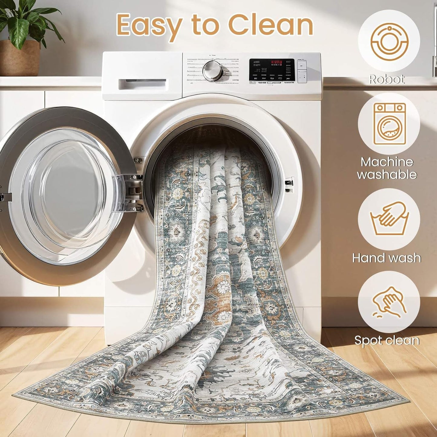 Washable Area Rugs for Living Room -10x12 Neutral Vintage Distressed Floral Farmhouse Boho Large Soft Floor Rug Indoor Non Slip Carpet for Living Room Bedroom Dining Room Office -Green/Grey