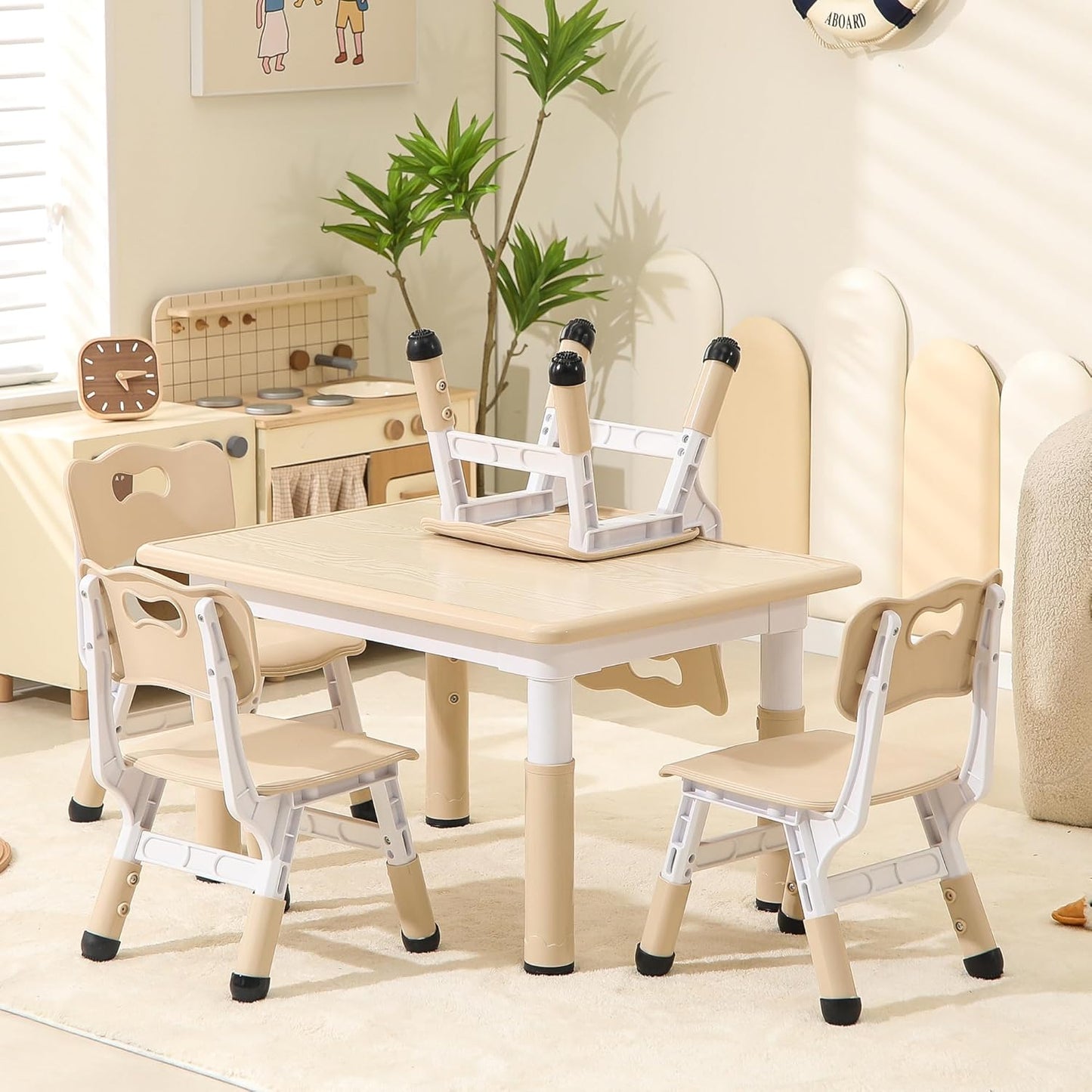 Height-Adjustable Kids Table and Chairs, 31.5''L x 23.6''W Toddler Table and 4 Chairs Set with Anti-Slip Foot Covers, Children Activity Table for Ages 2-10, Graffiti Desktop
