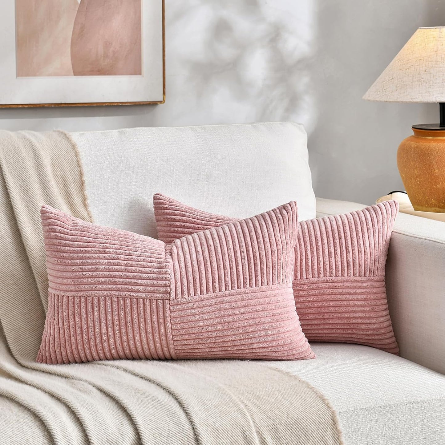 Fancy Homi 2 Packs Blush Pink Lumbar Decorative Throw Pillow Covers 16x32 Inch for Living Room Couch Bed, Rustic Farmhouse Boho Home Decor, Soft Striped Corduroy Rectangle Accent Cushion Case 40x80 cm