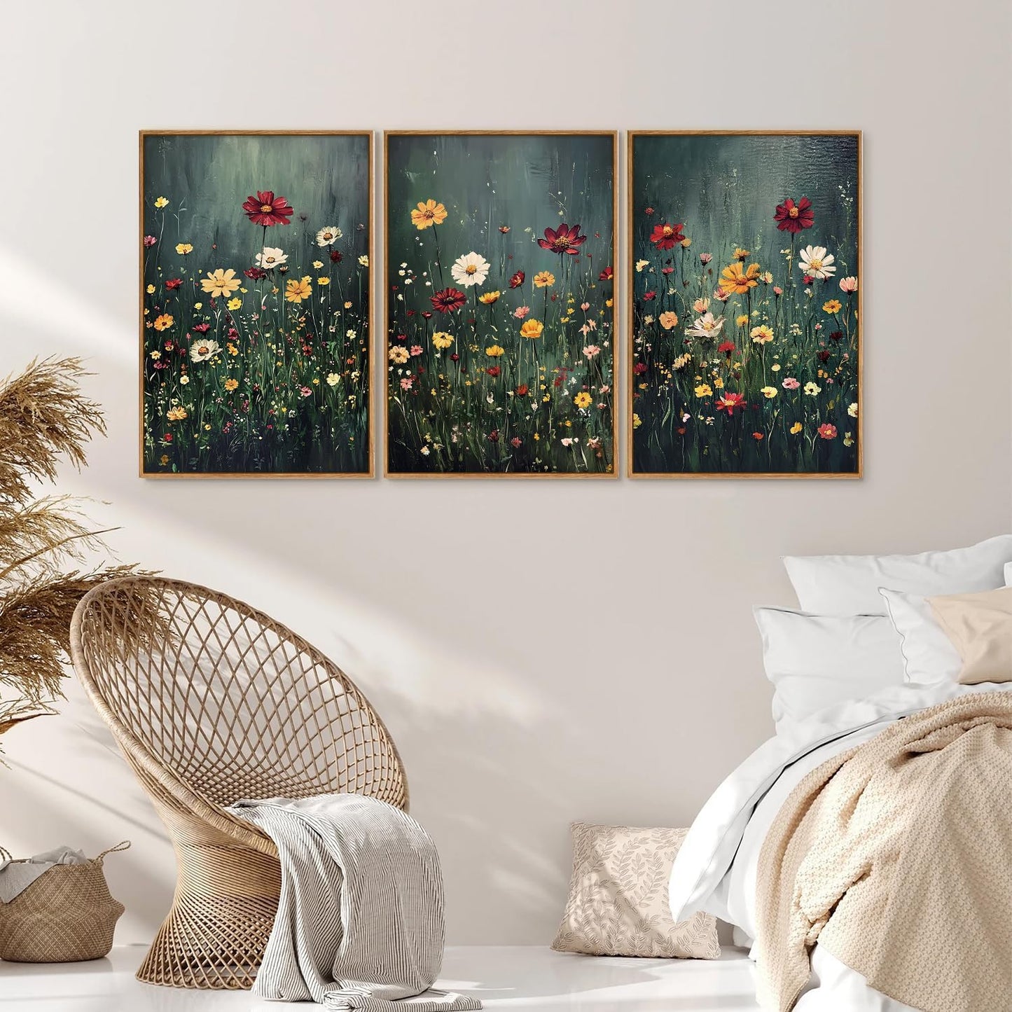 SIGNINART Vintage Floral Framed Canvas Wall Art, Dark Moody Wildflowers Wall Decor, Boho Abstract Flowers Artwork, Colorful Botanical Aestheticrt Art Paintings for Bedroom Living Room Office 16"x24"x3