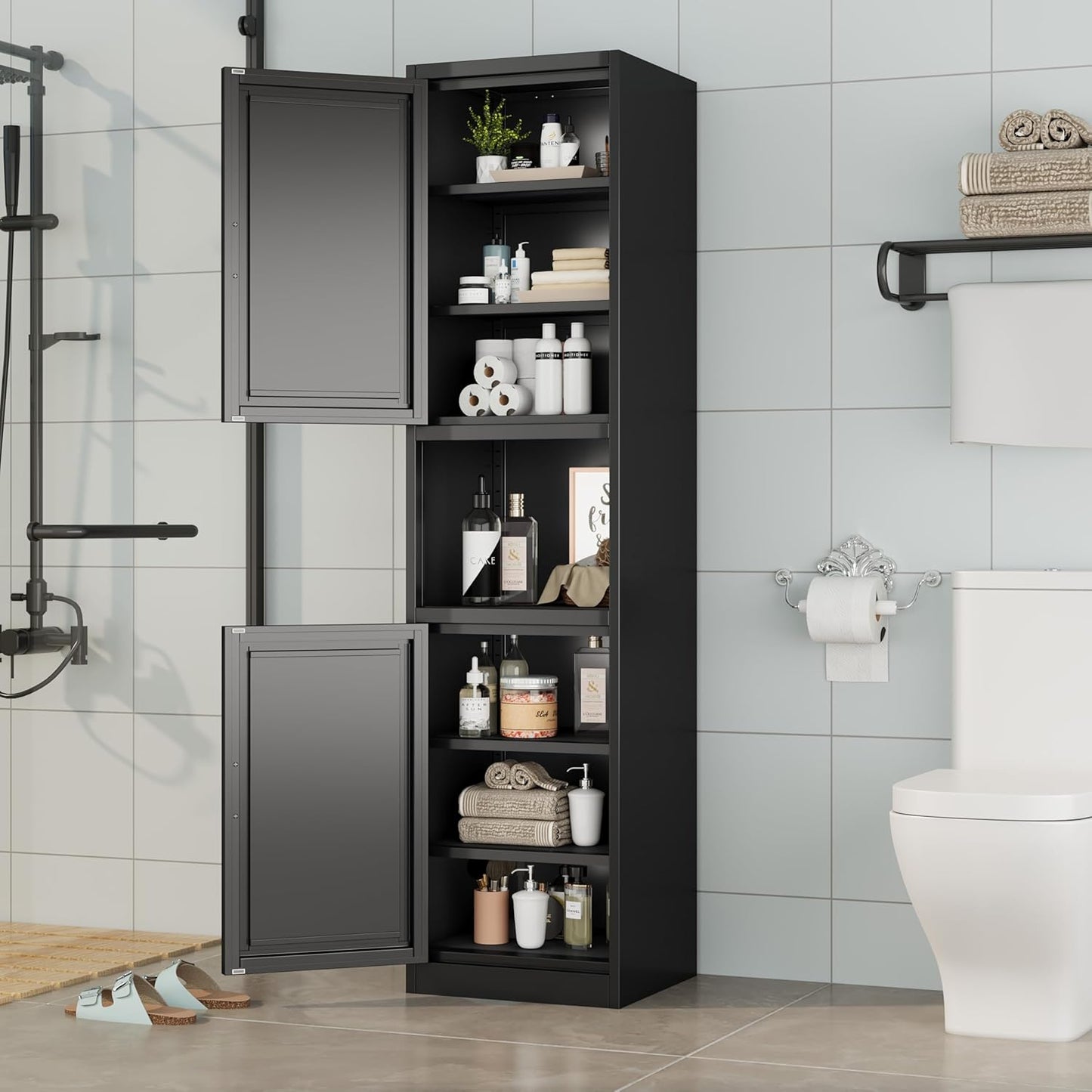 Tall Narrow Storage Cabinet 66.93" H Tall Bathroom Cabinet Metal Pantry Cabinets, 4 Adjustable Shelves for Kitchen, Home Office, Living Room, Dinning Room (16 inches Wide Black)