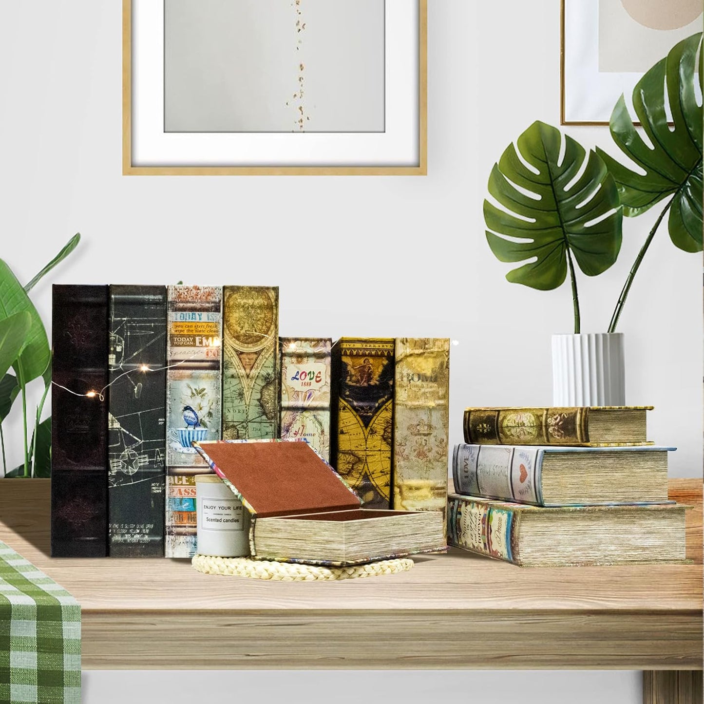 Decorative Book Box Set of 2, Trinket Keepsake Storage Boxes Book Shaped Storage Box Vintage Style Decorative Faux Books Boxes Globe Antique Books for Home Decoration Old World Map Pattern