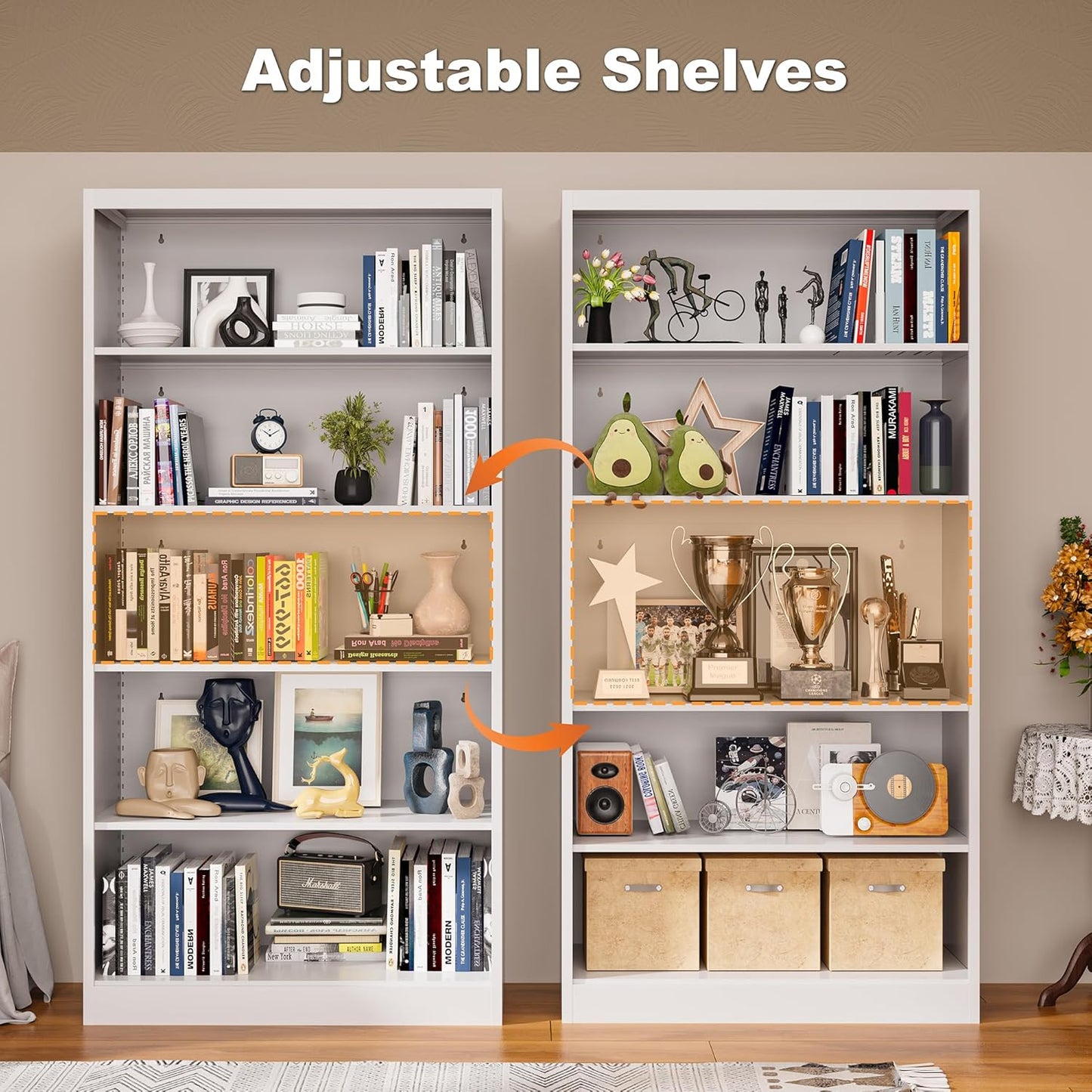 Metal Bookcase, 14" Deep Bookshelf, 66" Tall Bookcases with Adjustable Shelves, 5 Shelf Bookcase, Industrial Bookshelves and Bookcases for Living Room, Office, Library. White Book Shelf.