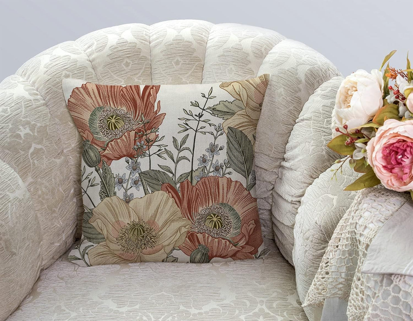 TSSOHU Vintage Flowers Pillow Cover Rustic Cotton Linen Decorative Square Throw Pillow Cover 18x18 Inch for Sofa Couch Decoration