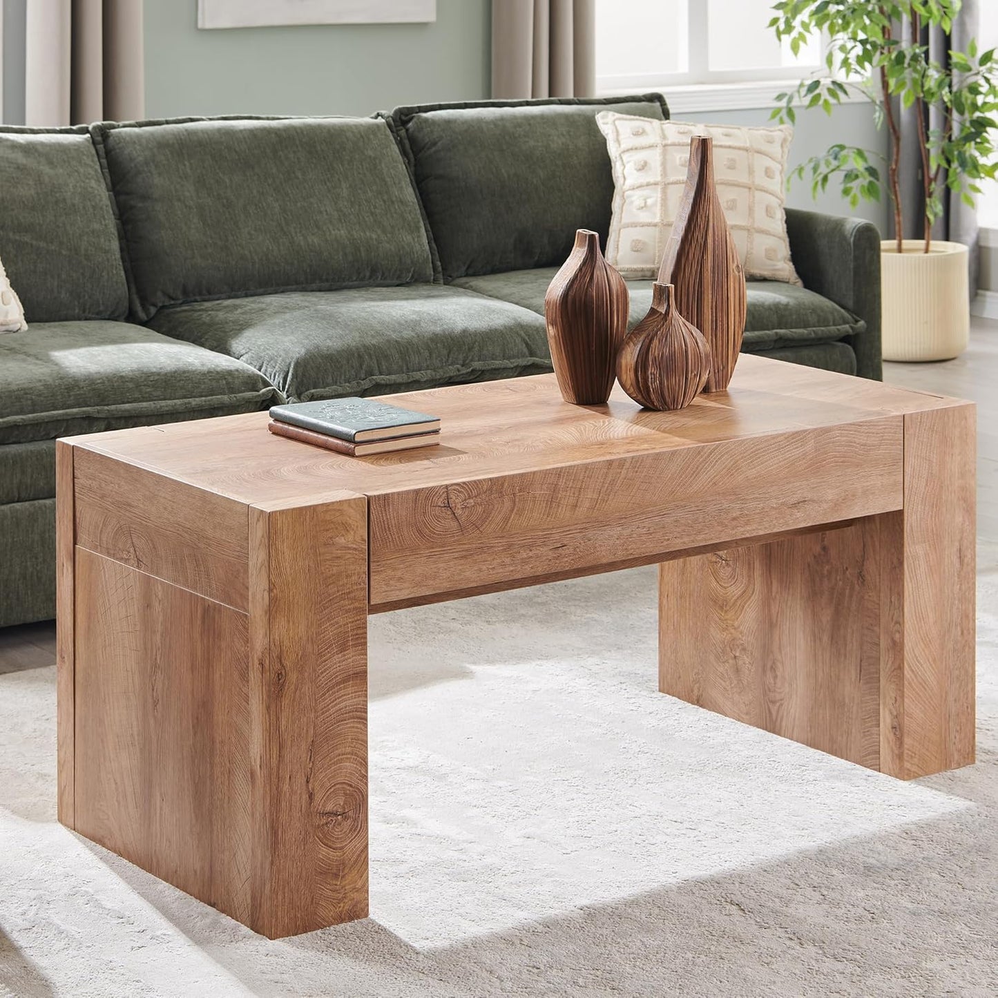 OKD 48" Modern Farmhouse Coffee Table, Wooden Living Room Table with Hidden Storage Drawer, Rustic Rectangular Center Tables w/Wood Thick Design for Living Room, Office, Light Knotty Wood
