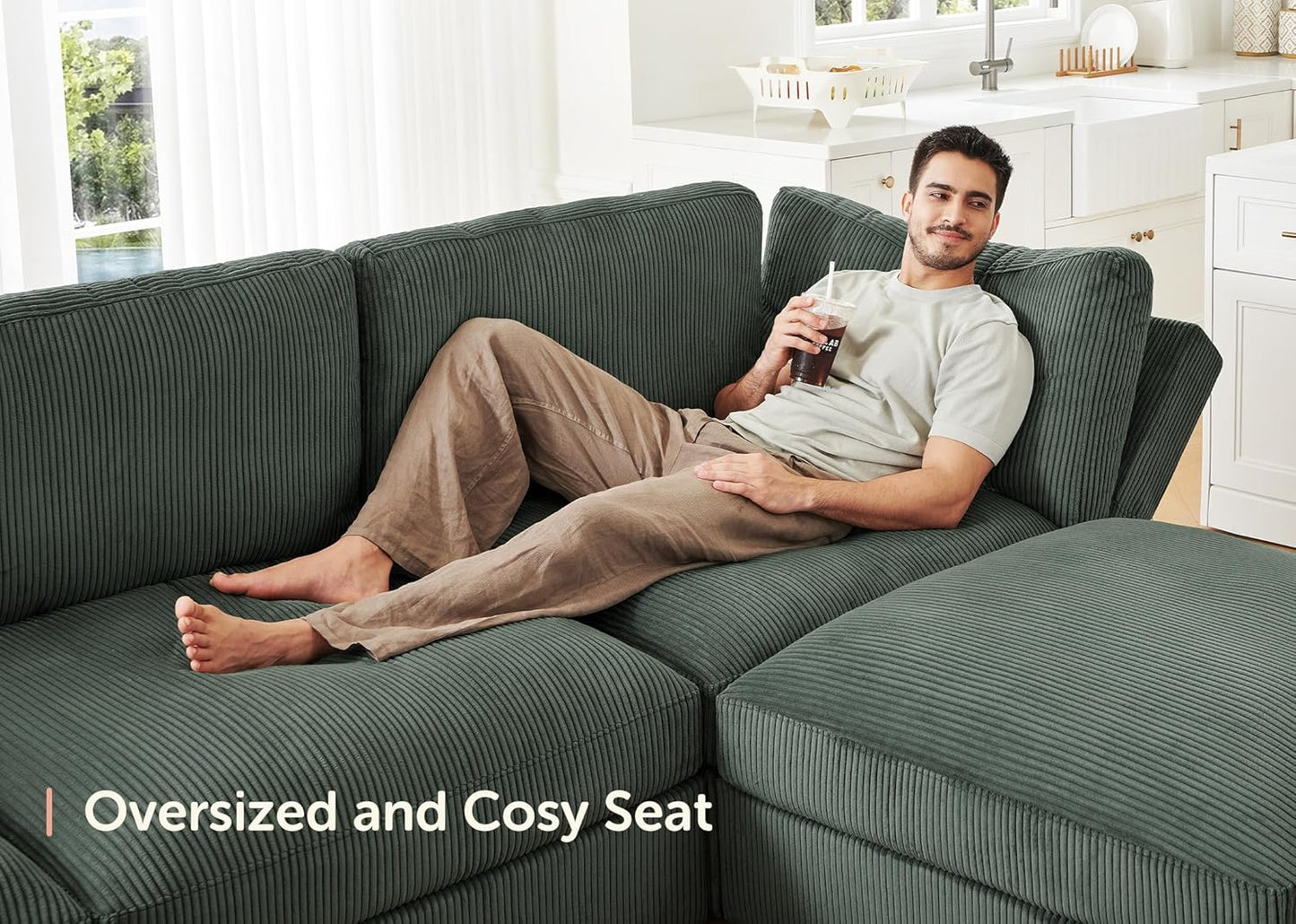 HONBAY Modular Sectional Couches with Storage Corduroy Sleeper Sofa Modular Sectional Couches for Living Room,Green