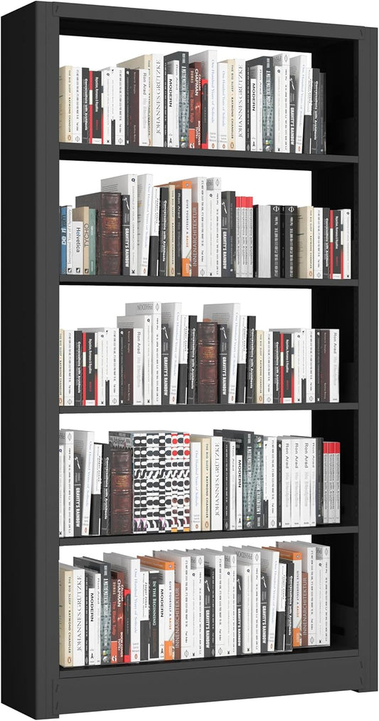 Large Metal Bookcase, 69” Modular Bookshelf with Storage, 5 Tier Bookcase with Adjustable Shelves, Extra Tall Book Shelves, Modern Book Case for Library, Office, Entryway, Living Room（Black）