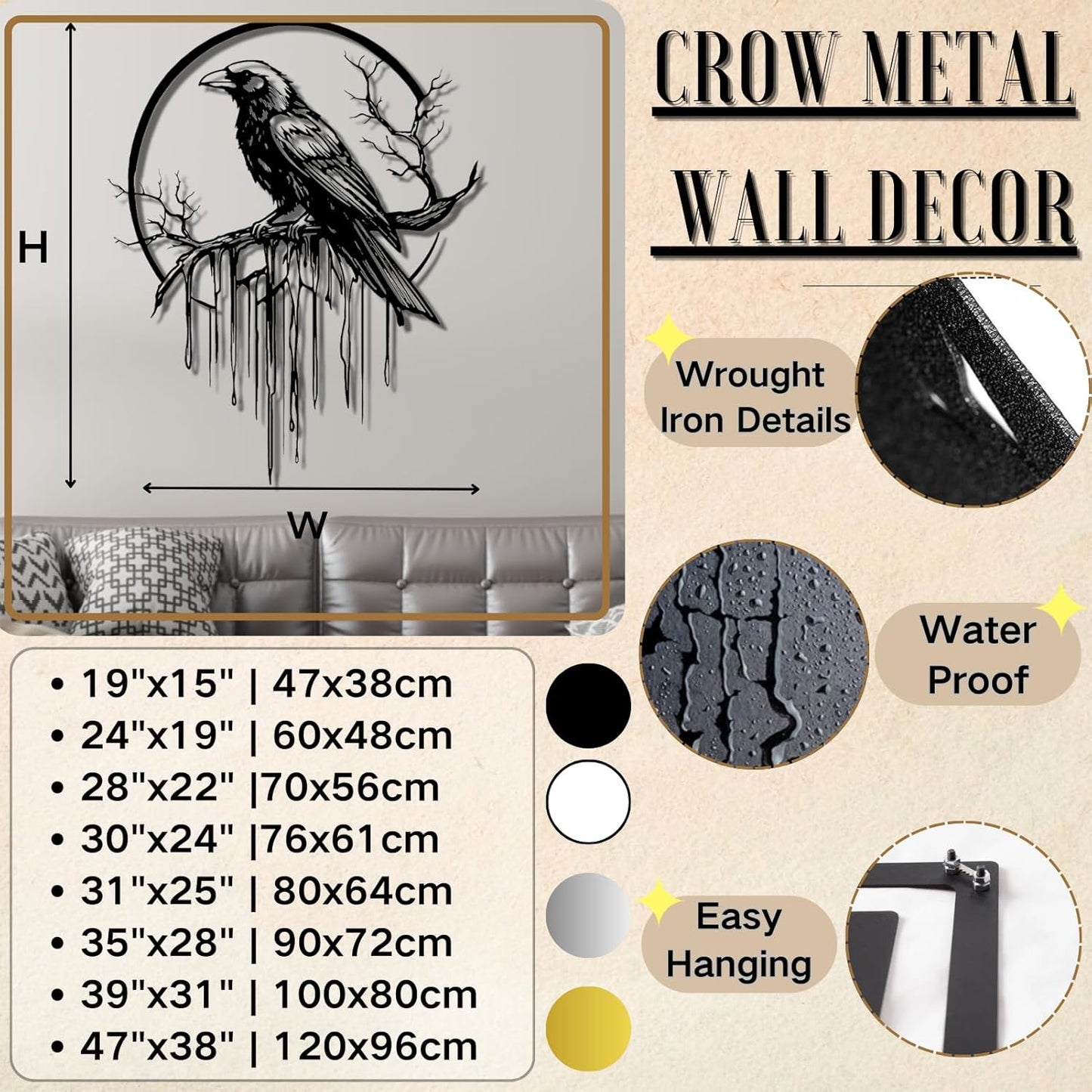 Crow Metal Wall Decor, Raven Wall Art, Large Gothic Raven Decor Hangings, Bird Wall Decor, Metal Tree Branch Decor, Ravens Sign, Raven Art for Living Room (White, 39"x31" | 100x80cm, metal wall art)