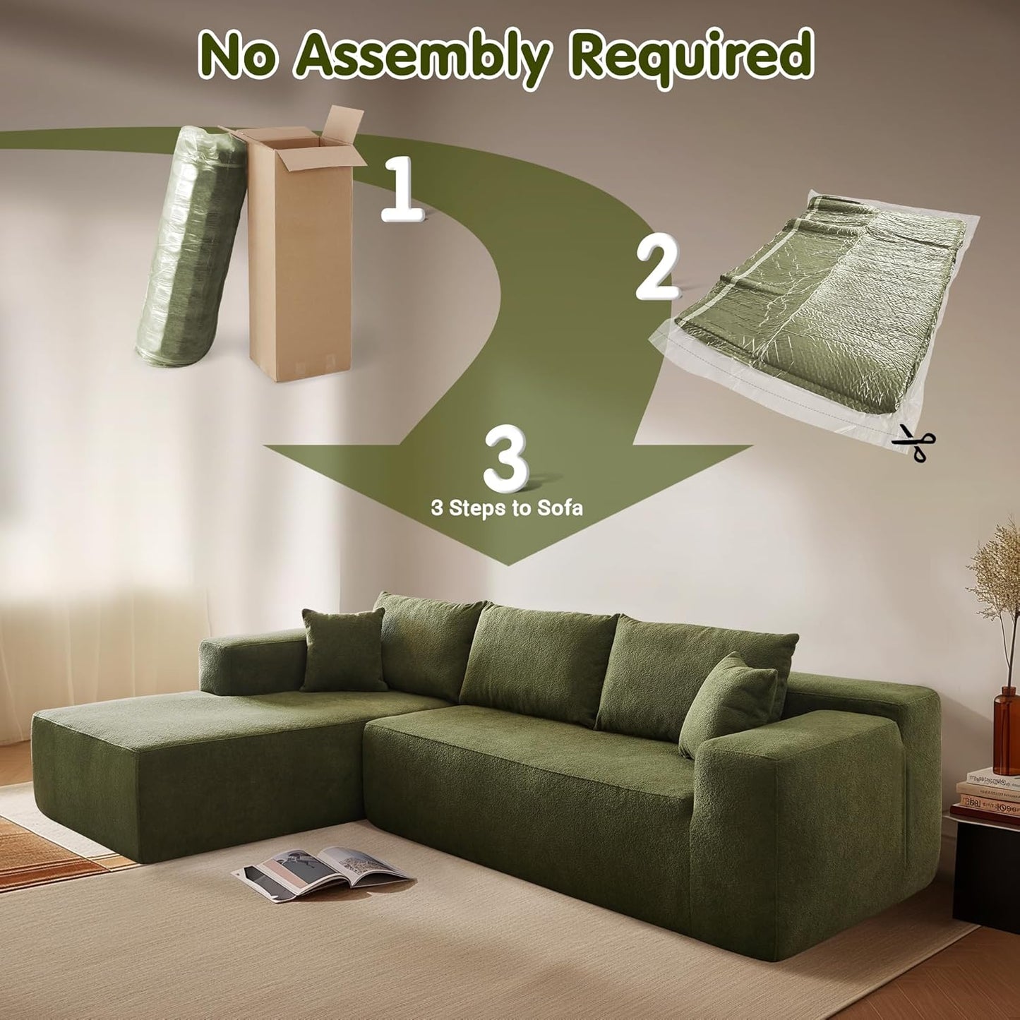 ovios 104" Cloud Sectional Couch with L-Shape Chaise,Modern Modular Sofa with Deep Seat, Upholstered Couches for Living Room Bedroom,No Assembly Required, Green (Cloud Velvet)