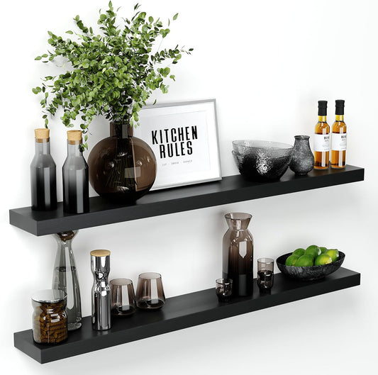 Homeforia Black Floating Shelf 48 inches, High End Solid Real Wood 48 inch Long Floating Shelves for Wall, Black Wooden 48inch Large Floating Shelves, Heavy Duty Bracket, 48 X 6.5 X 1.75 in, Set of 2
