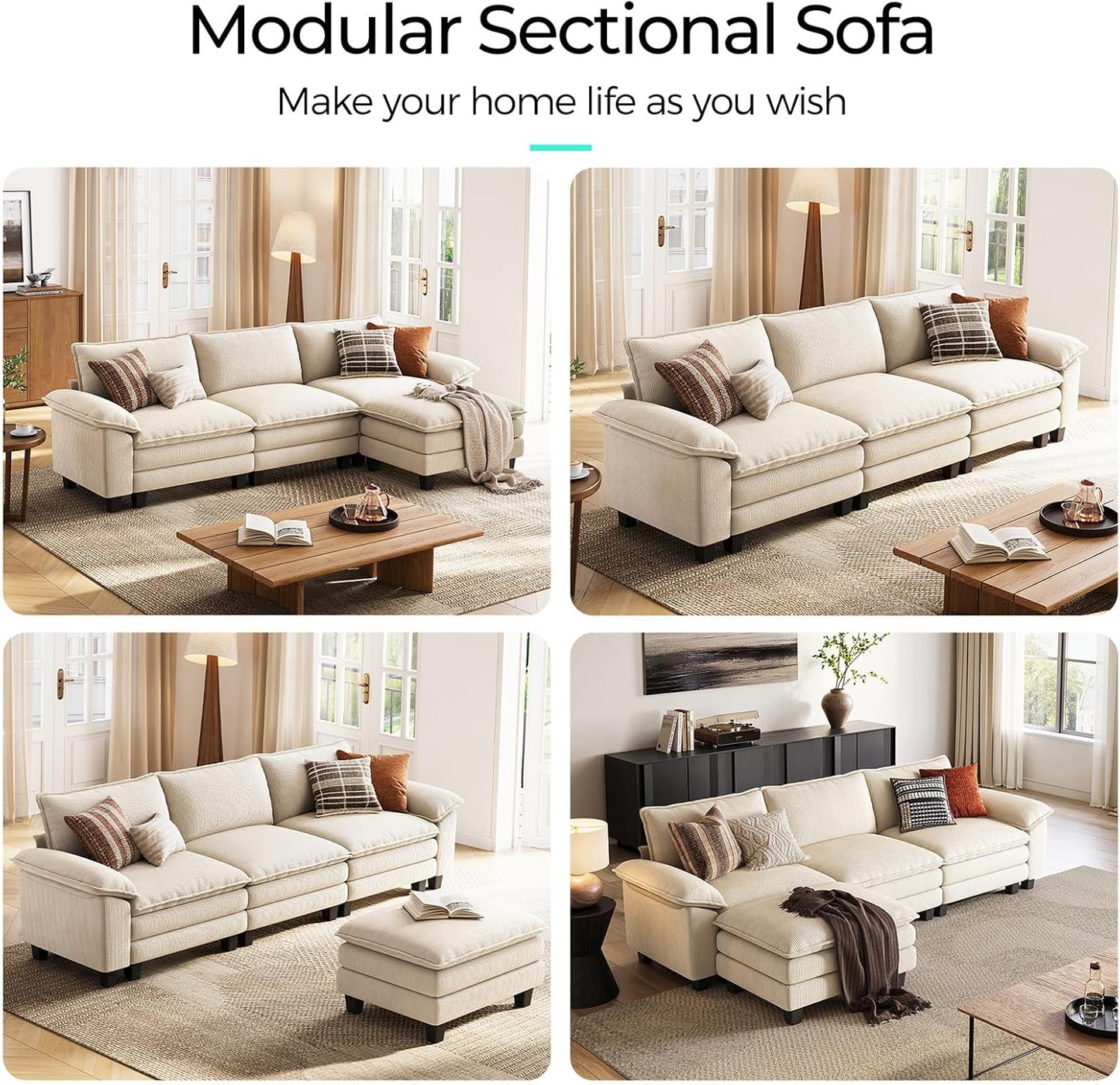 LINSY HOME Modular Sectional Sofa - 123'' Comfy Corduroy Cloud Sofa Oversized L Shaped Couch with Movable Ottoman, Soft Modern Sofa for Living Room Apartment, Beige