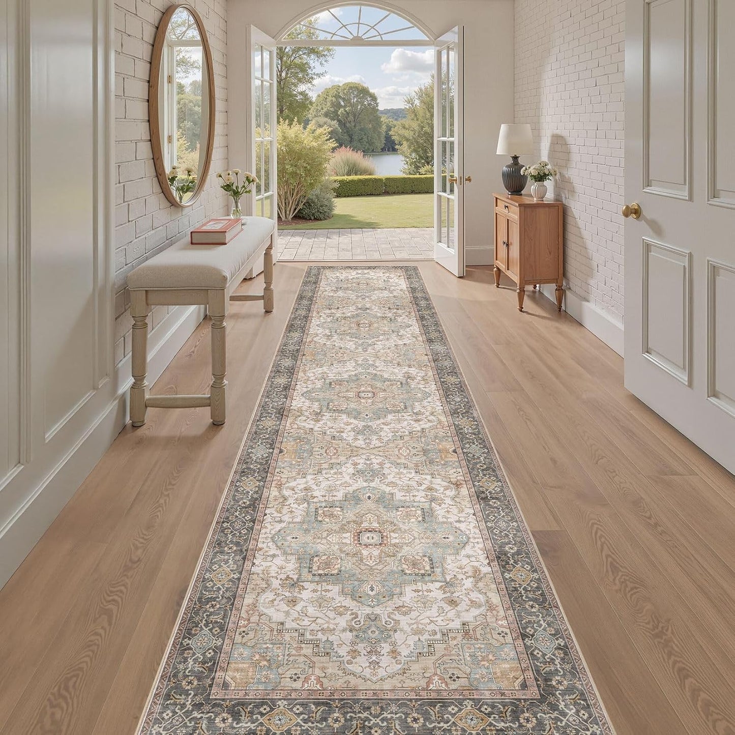 Washable 2.6x14 Runner Rug - Area Rugs Neutral Vintage Distressed Floral Farmhouse Boho Large Soft Floor Rug Indoor Carpet for Hallway Entryway Home - Forest Green Orange