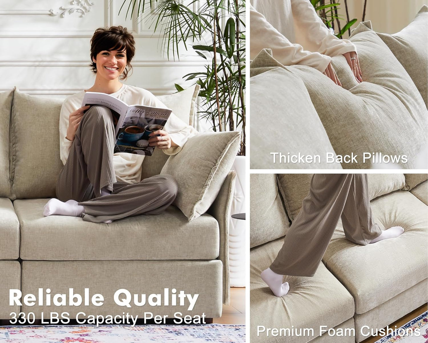 102.6" U Shaped Modular Sectional Sofa, 5 Seater Couch with Storage Ottoman Deep Seat and High Backrest with Removable Cover for Living Room, Apartment - Chenille Beige