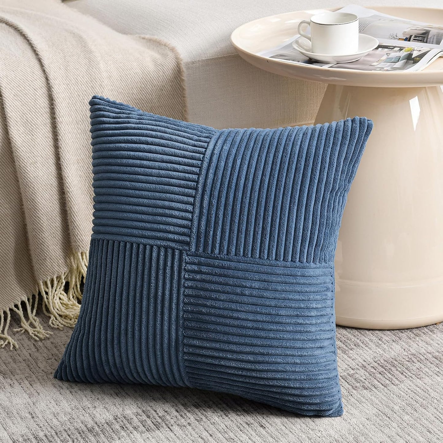 Fancy Homi 2 Packs Dusty Blue Decorative Throw Pillow Covers 22x22 Inch for Living Room Couch Bed Sofa, Farmhouse Boho Home Decor, Soft Corss Corduroy Patchwork Accent Square Cushion Case 55x55 cm