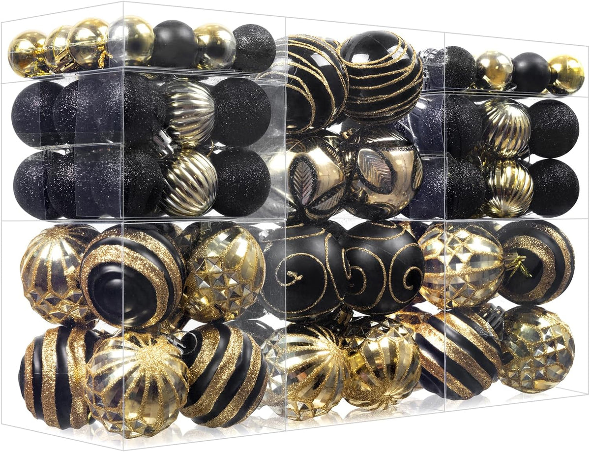 100Pcs Christmas Balls Ornaments Set, Shatterproof Christmas Decorations with Hand-held Gift Package for Xmas Tree/Holiday/Wedding/Holiday/Party Decor (Black & Gold)
