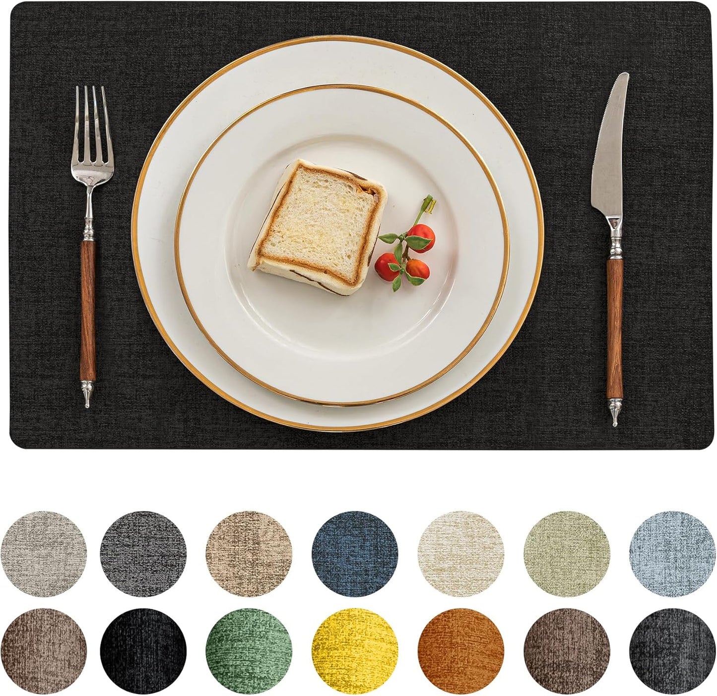 Romanstile Vinyl Placemats Set of 12-12 X 18 Inch - Heat Resistant Place Mats 100% Waterproof Oilproof Wipeable Reversible Faux Leather Table Mats for Kitchen/Dining/Party/Outdoor, Black