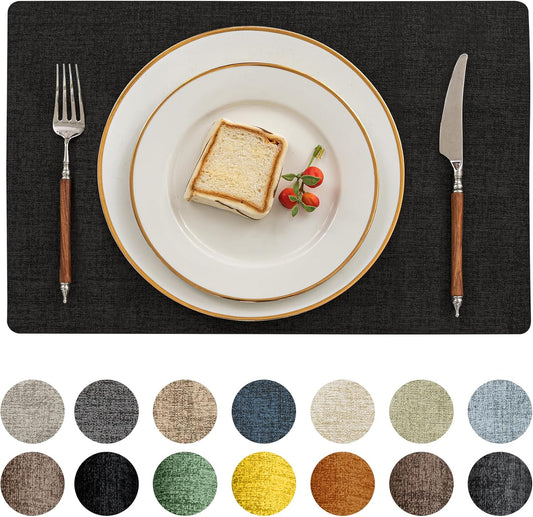 Romanstile Vinyl Placemats Set of 12-12 X 18 Inch - Heat Resistant Place Mats 100% Waterproof Oilproof Wipeable Reversible Faux Leather Table Mats for Kitchen/Dining/Party/Outdoor, Black