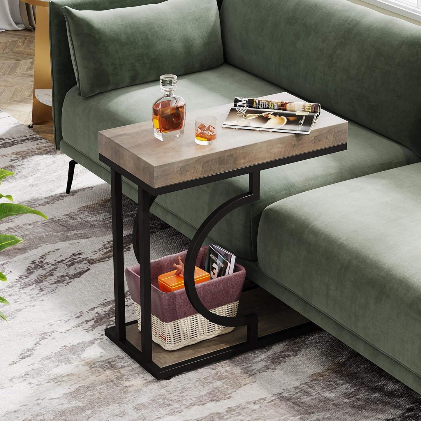 Tribesigns Narrow Side Table C Shaped End Table Modern Bedside Tables for Couch, Small Sofa Chairside Tables with Metal Frame for Living Room (1, Gray+Black)