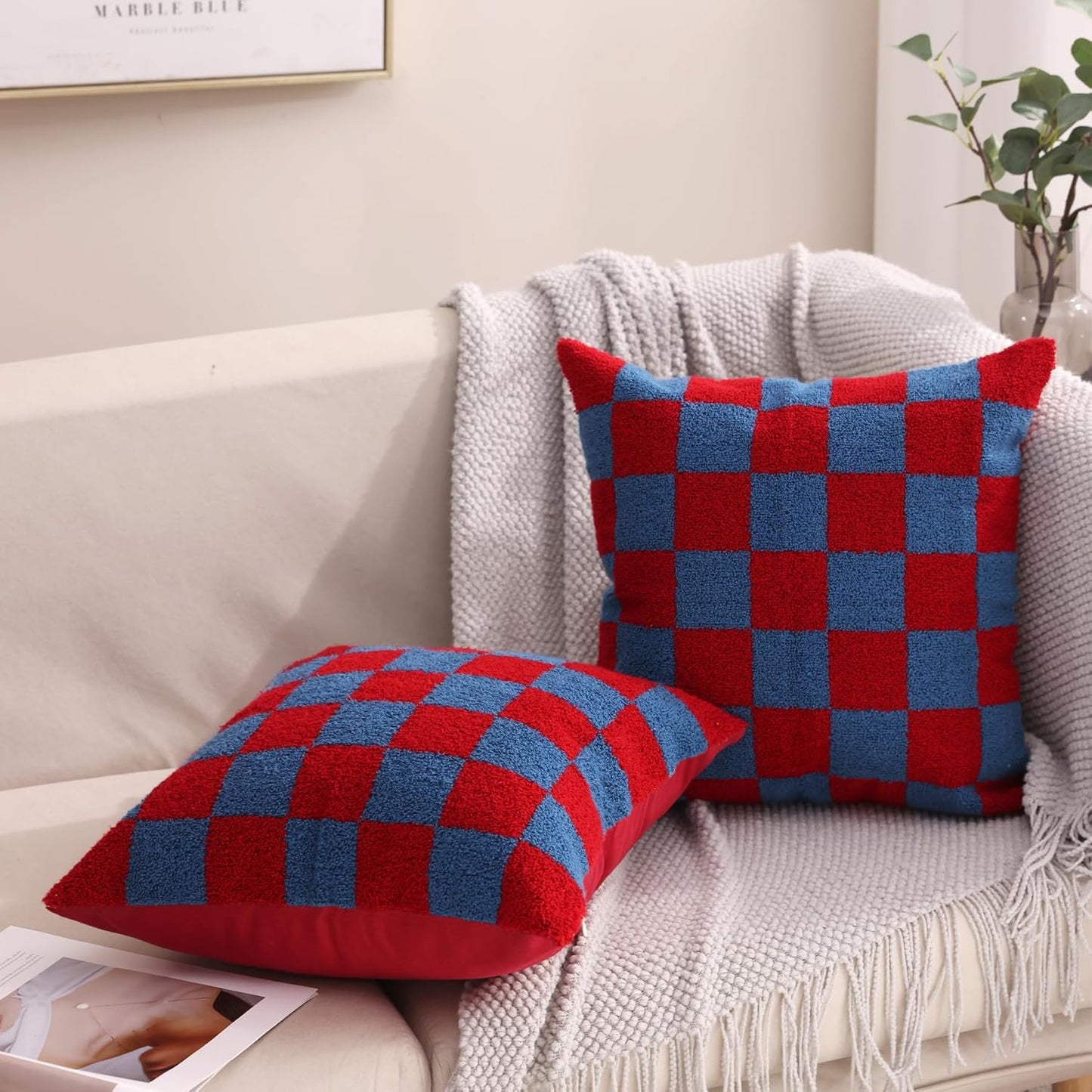 Alysheer Checkered Embroidered Decorative Throw Pillow Covers 18"x 18" Set of 2, Classic Chic Red Blue Plaid Tufted Patterned Cotton Canvas Cushion Case for Sofa Couch Bed Living Room