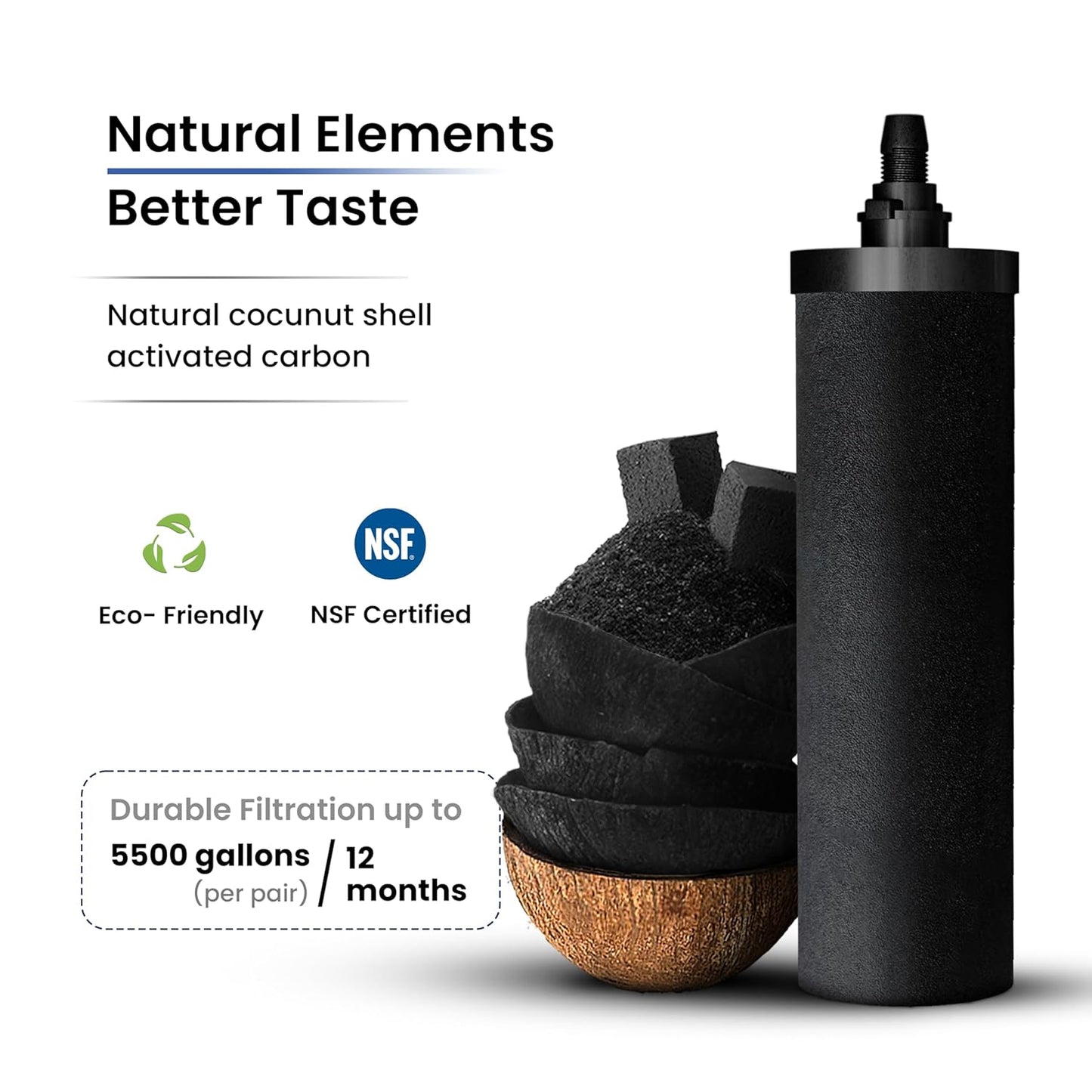 Gravity Water Filter System 2.25 Gallons NSF Certified - AISI 304 Stainless Steel Countertop Water Filtration with 2 Smart (Black) Carbon Filter Elements & Stainless Steel Water Spigot