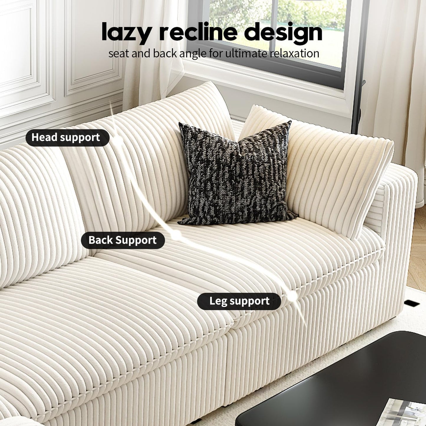 118" Cloud Couch Modular Sectional Sofa for Living Room,Modern Sofa with Deep Seat，3 Seater Boneless Couch,Comfy Upholstered Corduroy Couches for Apartment, Studio, Office,Bedroom，White