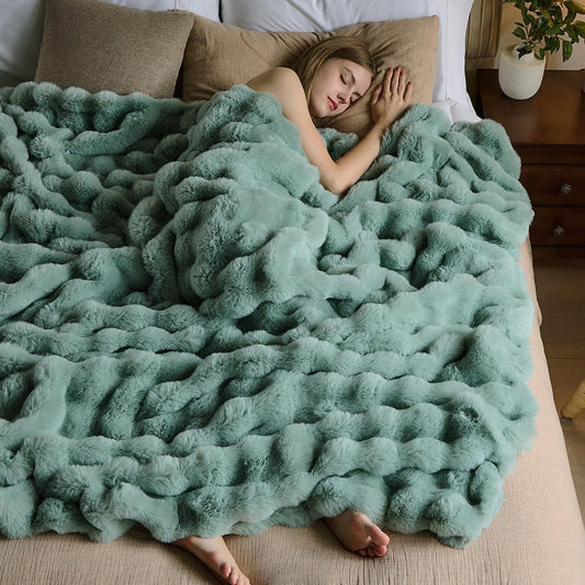 Lotus Karen Faux Fur Throw Blanket Sage Green - Big Bubble Rabbit Fluff Blanket for Couch Bed Sofa,Softest Fluffy Fuzzy Cozy Blanket,Plush Thick Furry Shaggy Warm Blankets for Women,108x90 Inches