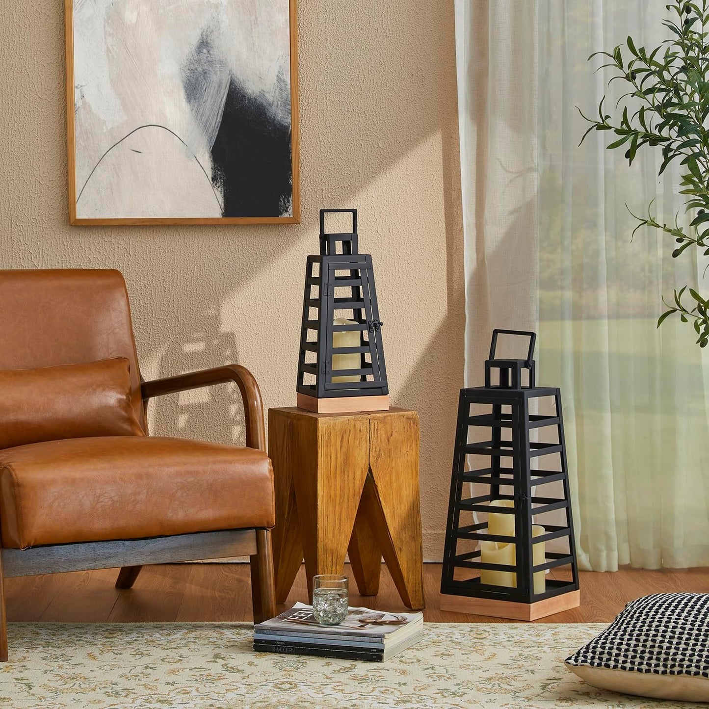 Glitzhome Set of 2 Modern Trapezoid Metal/Wood Decorative Lanterns,Large Candle Lanterns for Living Room,Home,Indoor, Outdoor,Table,Fireplace Mantle Decor -Black(No Glass)