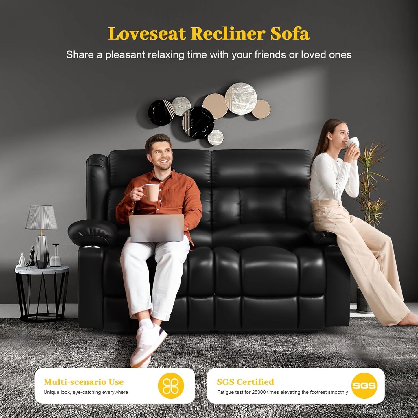 Loveseat Recliner Sofa Set with 2+1 Pieces, 2 Seater Minimalist Style Manual Pull Tab Reclining Loveseat with USB Charge Ports, Cup Holders, Recliner Couches for Living Room, RV, Black